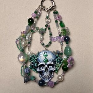 Gothic Skull Green Purple Beaded Phone Strap Keychain Bag Charm Handmade
